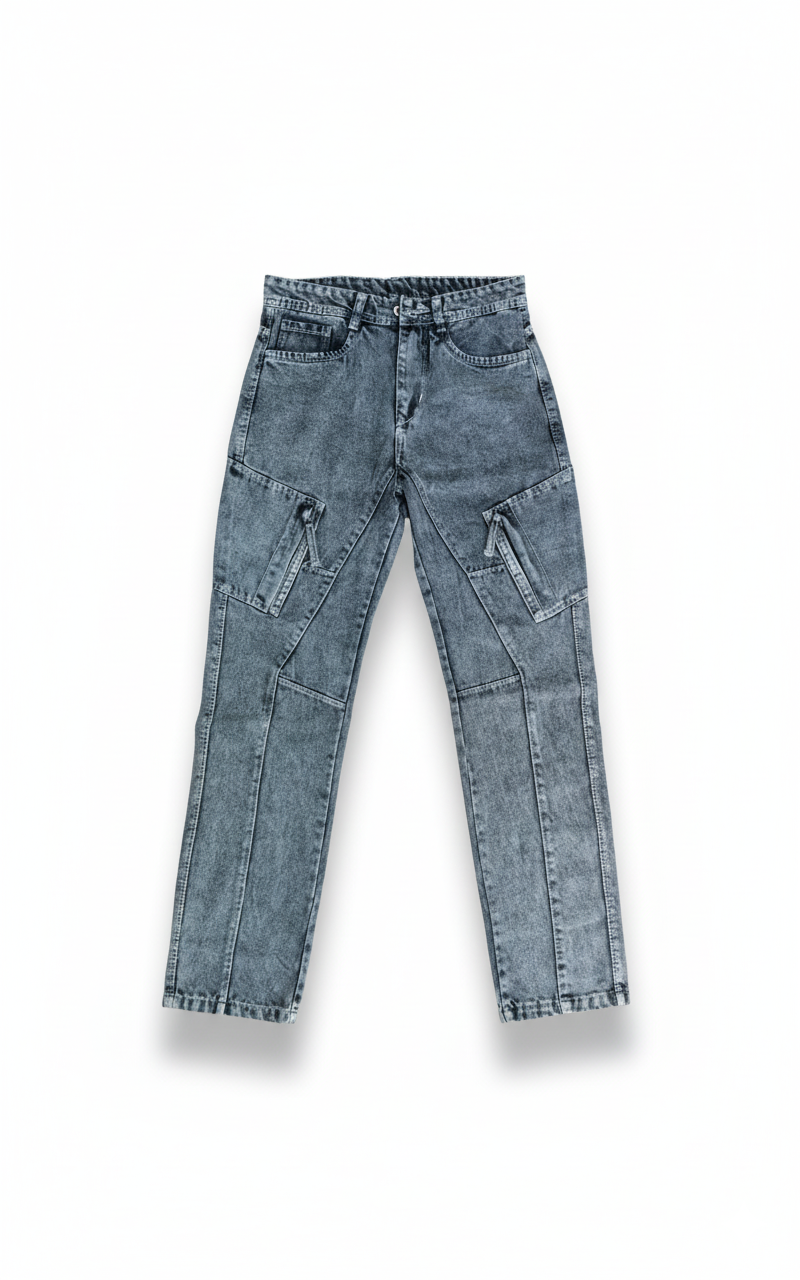 Men's Acid Wash Cargo Jeans - Relaxed Fit Denim with Zipper Pockets