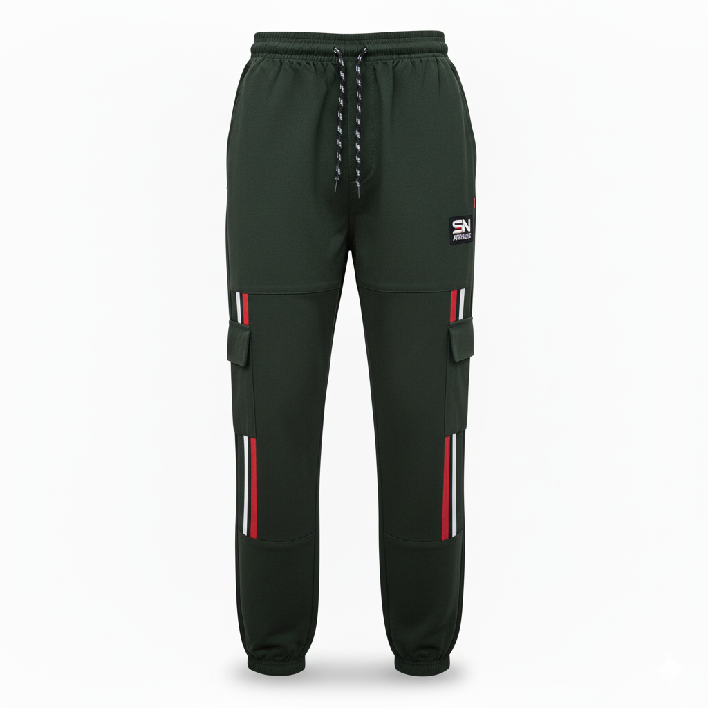 Men's Cargo Track Pants with Side Stripes - Dark Green