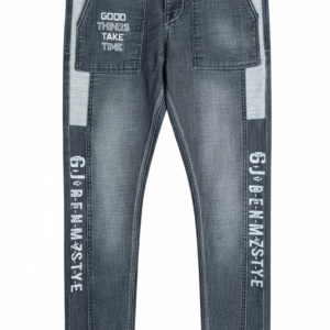 ROFYT Men's Grey Denim Jeans | Slim Fit | Patchwork | Slogan Print | Dark Wash