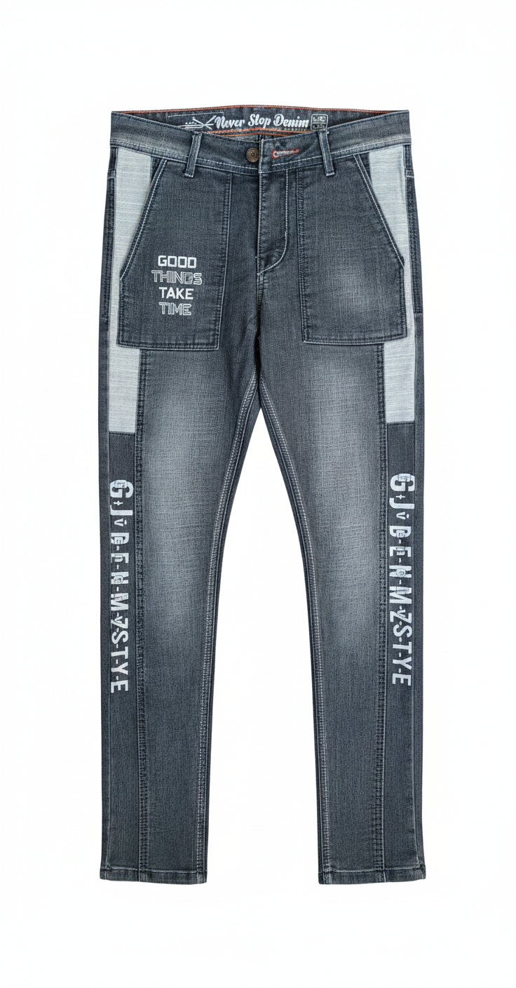 ROFYT Men's Grey Denim Jeans | Slim Fit | Patchwork | Slogan Print | Dark Wash