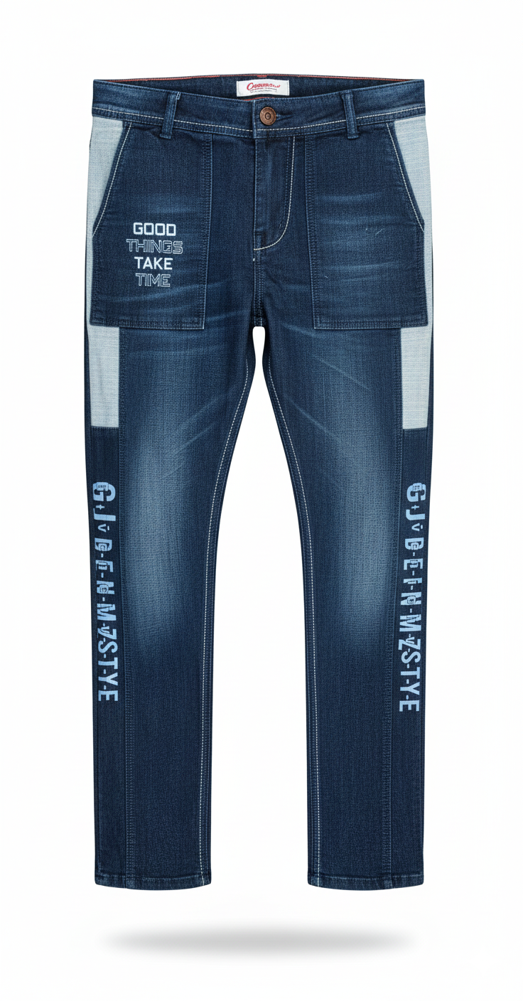 ROFYT "Thoughtful Style" Blue Denim - Men's Jeans with Patch & Graphic Text