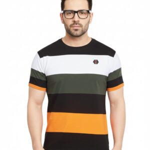 Men's Striped Cotton T-Shirt - Black, White, Green & Orange - Size S