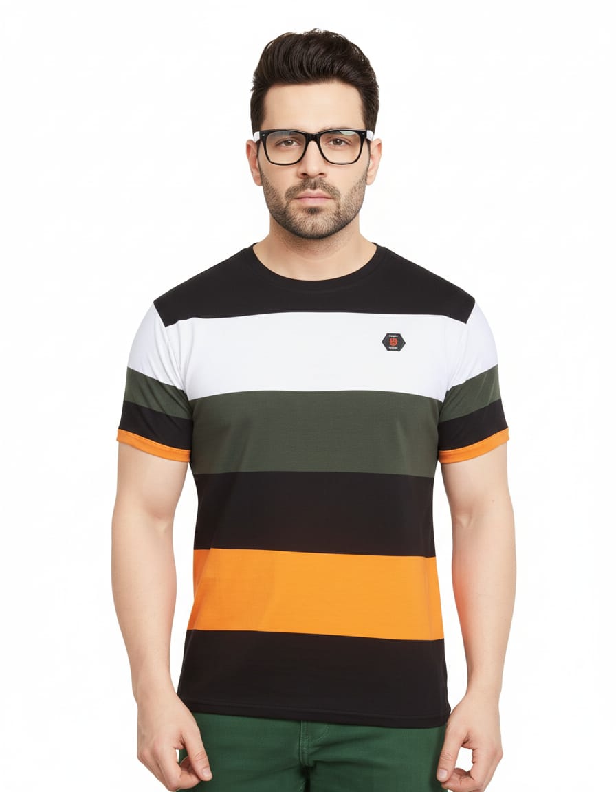 Men's Striped Cotton T-Shirt - Black, White, Green & Orange - Size S