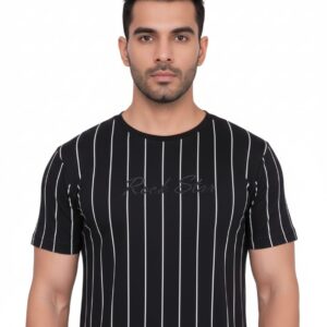 Men's Black & White Vertical Stripe Cotton T-Shirt - Rock Star Print (Size S)
