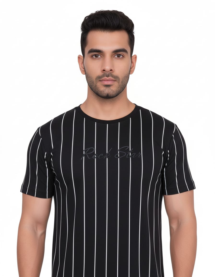 Men's Black & White Vertical Stripe Cotton T-Shirt - Rock Star Print (Size S)