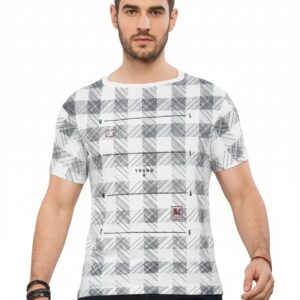 Men's Plaid Print Cotton T-Shirt - White & Grey Casual Tee