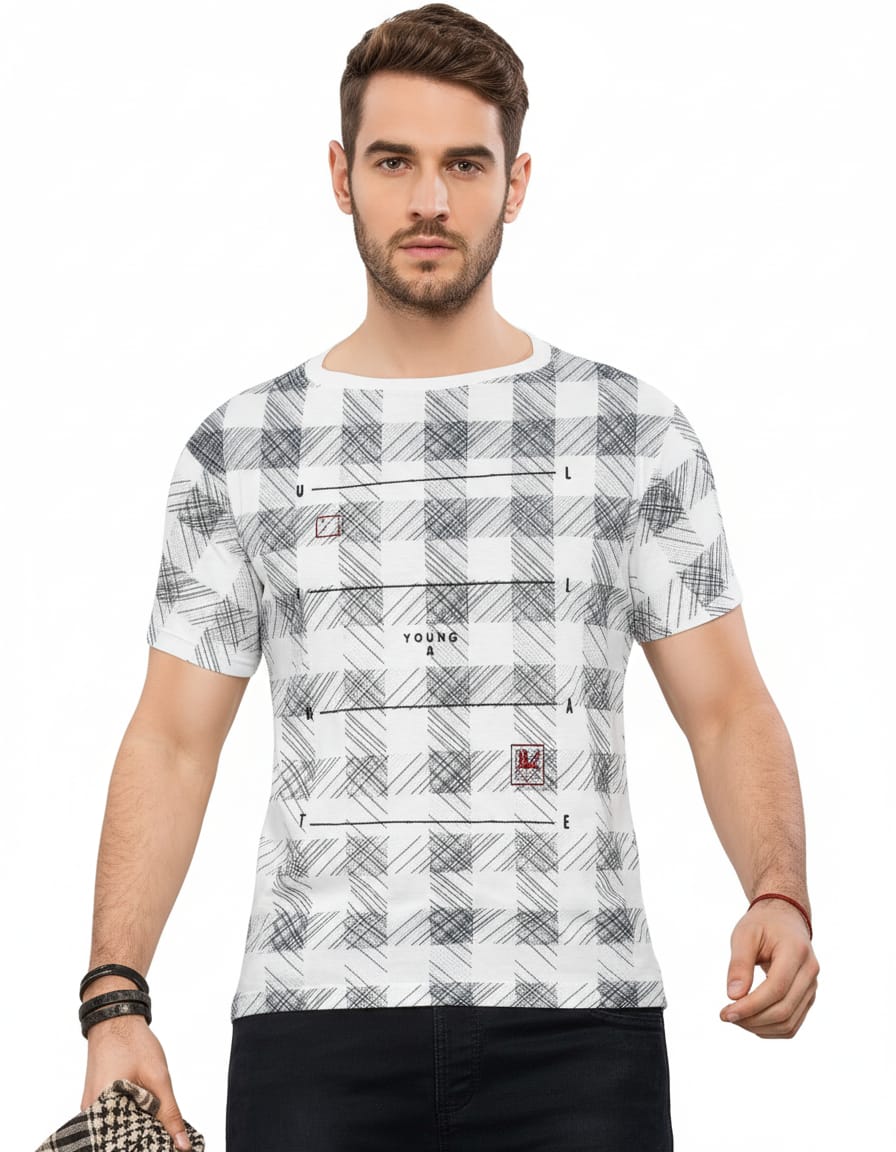 Men's Plaid Print Cotton T-Shirt - White & Grey Casual Tee