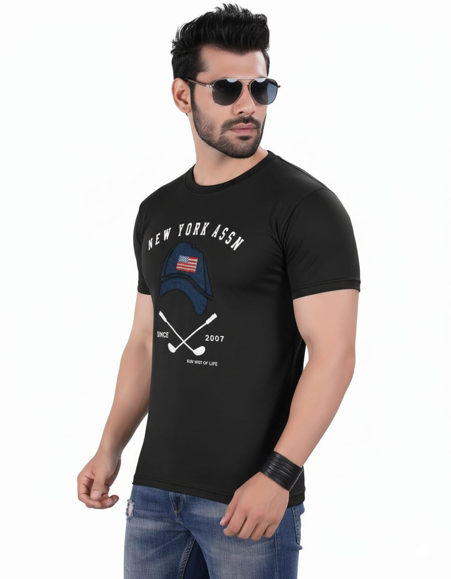 Men's Black Cotton "New York Assn" Graphic T-Shirt - Available in S