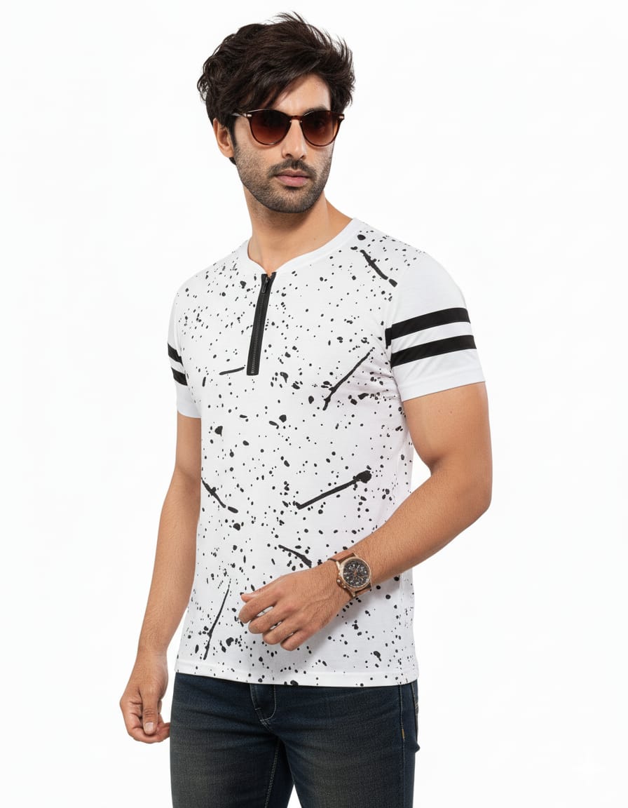 Men's Stylish White Cotton Splatter Print Zipper Neck T-Shirt with Arm Stripes - Available in S