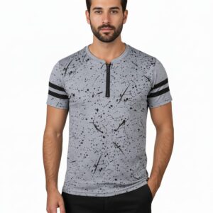 Men's Splatter Paint Cotton T-Shirt - Half-Zip - Grey