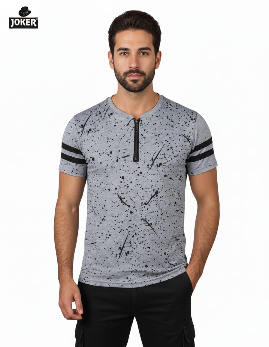 Men's Splatter Paint Cotton T-Shirt - Half-Zip - Grey